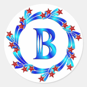 Blue Letter B Monogram Red Stars Runder Aufkleber