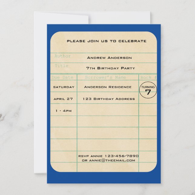 Blue Library Card Geburtstag Einladung (Vorderseite)