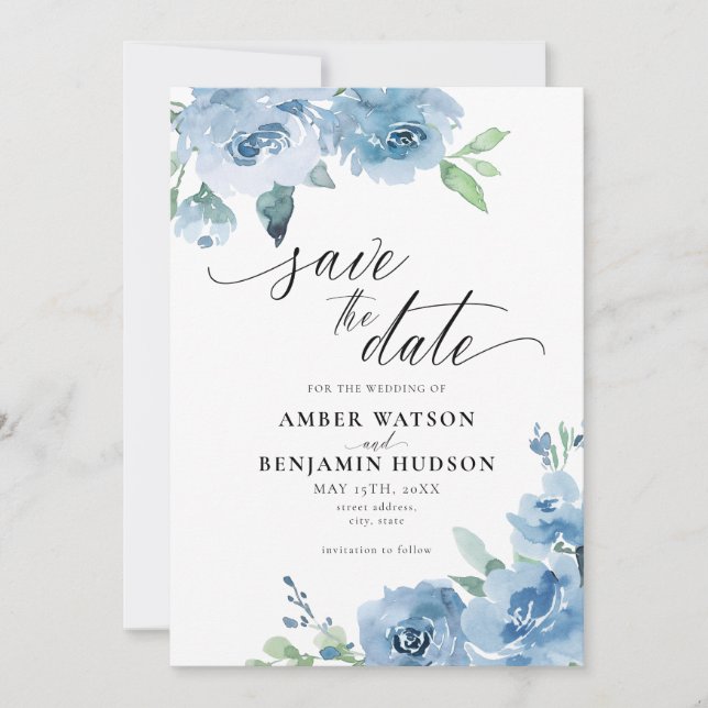 Blue Light Baby Blue Modern Floral Save the Date Einladung (Vorderseite)