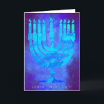 Blue Light Hanukkah Holiday Card with Menorah Karte<br><div class="desc">Beautiful blues seem to glow on this Happy Hanukkah holiday card. Below the Menorah are the words: peace love light. The inside greeting reads: With warmest wishes at Hanukkah for peace in your home, in your heart, and throughout the world. Happy Hanukkah! Easily add your name below the pre set...</div>