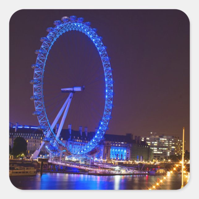 Blue Light London eye in der Nacht Quadratischer Aufkleber (Vorderseite)
