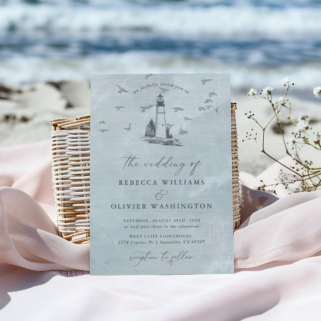Blue Lighthouse & Seagulls Nautical Beach Wedding Einladung (Von Creator hochgeladen)