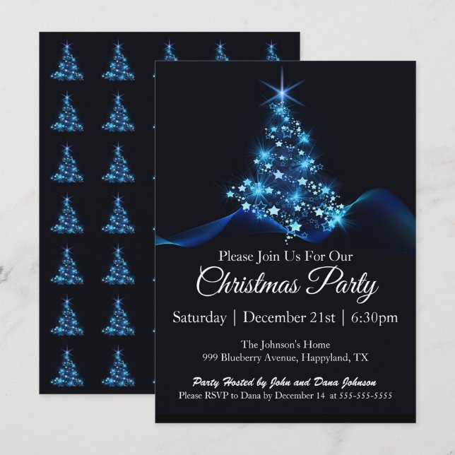 Blue Lights Weihnachtsbaum Weihnachtsfeier Einladung (Vorne/Hinten)