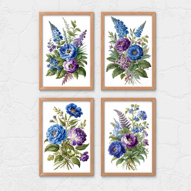 Blue Lila Antique Vintag Florals Bilderwand Sets (Blue Purple Vintage Watercolor Wall Art Set of 2, 3  or 4 prints)