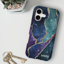 Blue Lila Aqua Gold Veins Agate Monogram