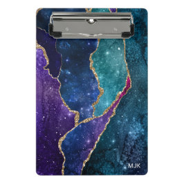 Blue Lila Aqua Gold Veins Agate Monogram Mini Klemmbrett