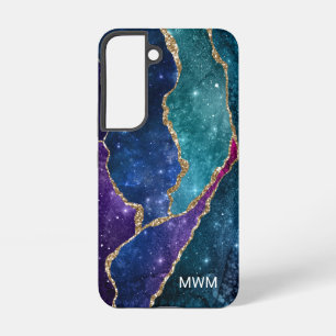 Blue Lila Aqua Gold Veins Agate Monogram Samsung Galaxy Hülle