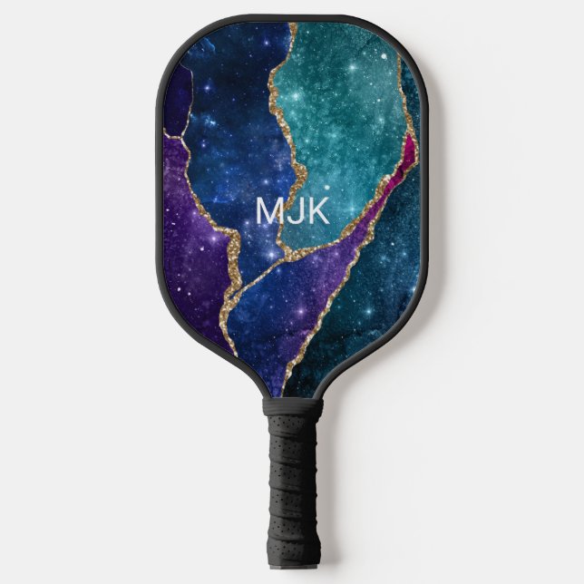 Blue Lila Aqua Gold Veins Monogram Agate Pickleball Schläger (Vorderseite)