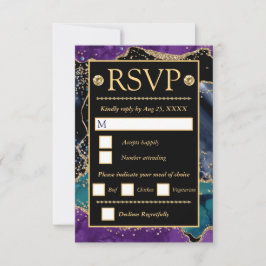 Blue Lila Aquamarin Gold Glitzer Agate Wedding RSVP Karte