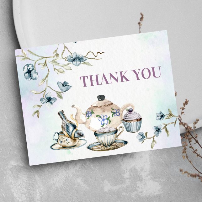 Blue lila Aquarell Blumentee Party Vielen Dank Postkarte (Tea party thank you card vintage tea pot cup little bird flowers pastel lilac blue theme )