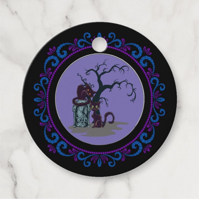 Blue Lila Black Cats Grabstein Tree Halloween Geschenkanhänger (Vorderseite)