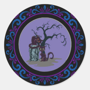 Blue Lila Black Cats Grabstein Tree Halloween Runder Aufkleber