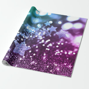 Blue & Lila Bokeh Imitats Glitzer & Stars Geschenkpapier