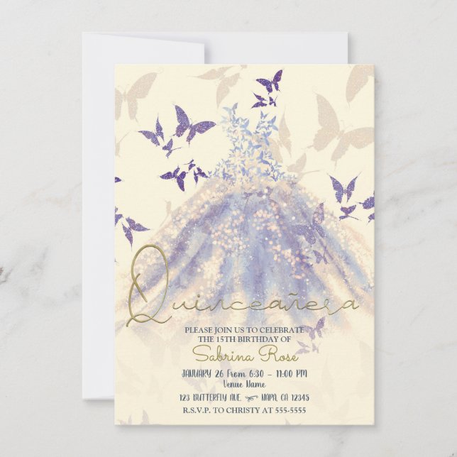Blue Lila Butterfly Dress Quinceañera Einladung (Vorderseite)
