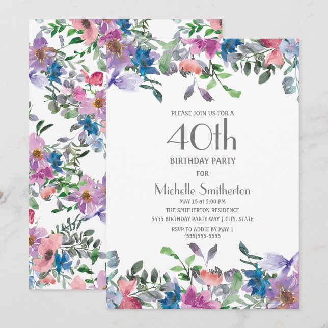 Blue Lila Floral Women's 40. Geburtstag Einladung (Vorne/Hinten)