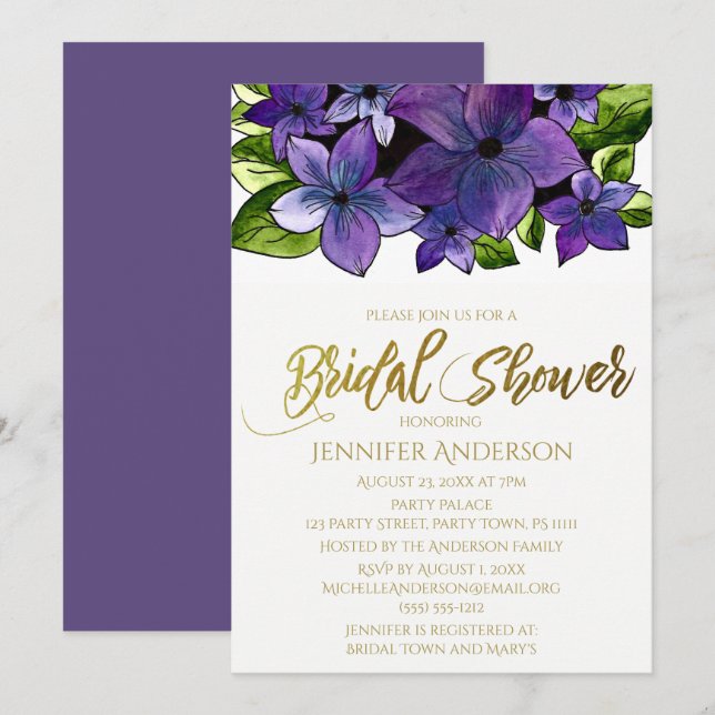 Blue Lila Gold Floral Bouquet Brautparty Einladung (Vorne/Hinten)