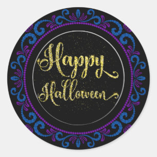Blue Lila Gold Glitzer auf Black Happy Halloween Runder Aufkleber