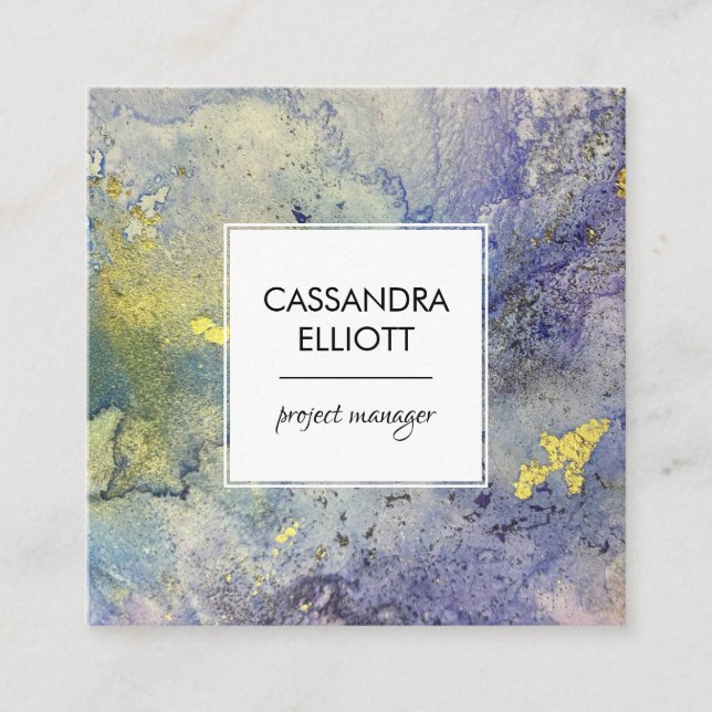 Blue Lila & Gold marbled Abstrakt Liquid Art Quadratische Visitenkarte (Vorderseite)