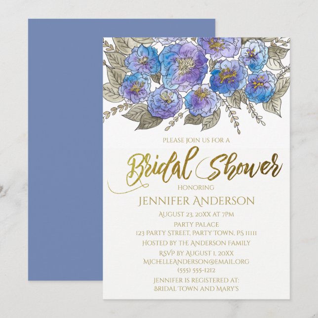 Blue Lila Gold Rose Floral Bouquet Brautparty Einladung (Vorne/Hinten)