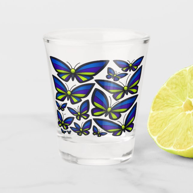 Blue Lila Green Wings Now Schnapsglas (Vorderseite)