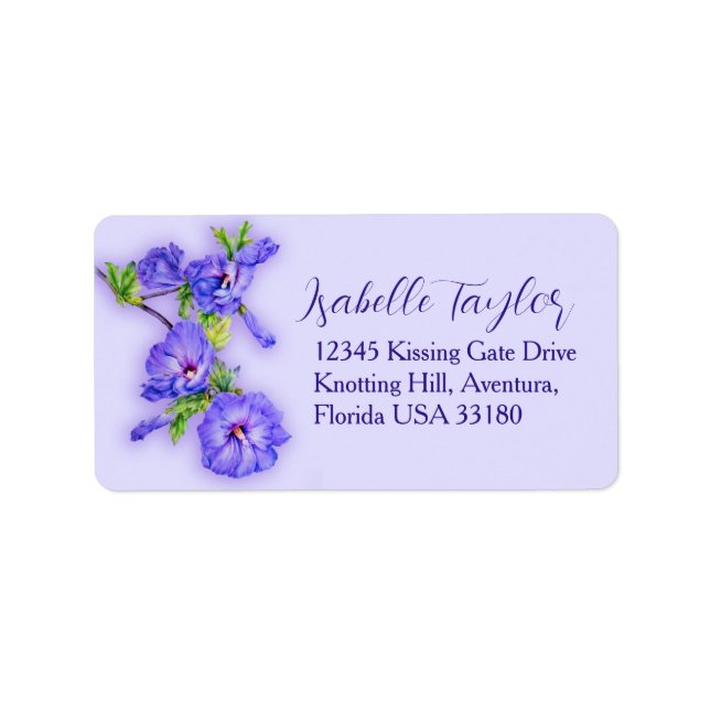 Blue lila Hibisken Blume Hochzeitstitel Adressaufkleber (Vorne)