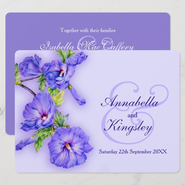 Blue lila Hibiskus Blume Hochzeit Einladung (Vorne/Hinten)