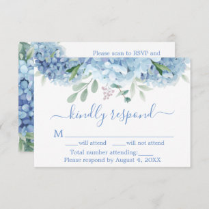 Blue Lila Hydrangeas Floral Wedding RSVP QR Code Dankeskarte