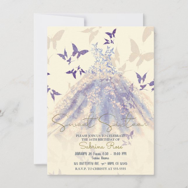 Blue Lila Ivory Butterfly Dance Dress Sweet 16 Einladung (Vorderseite)