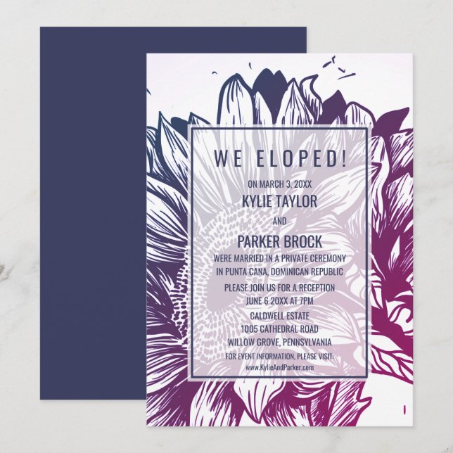 Blue & Lila Ombre Sonnenblumen Elopement Empfang Einladung (Vorne/Hinten)