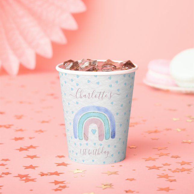 Blue Lila Pastell Rainbow Erster Geburtstag Pappbecher (Insitu)