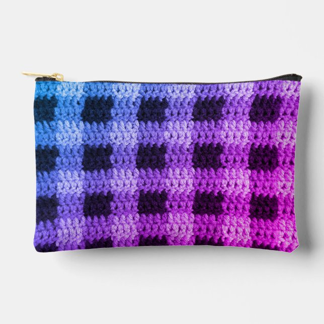 Blue Lila Pink Hues Kariert Artisan Crochet Print Zubehörtasche (Vorderseite)