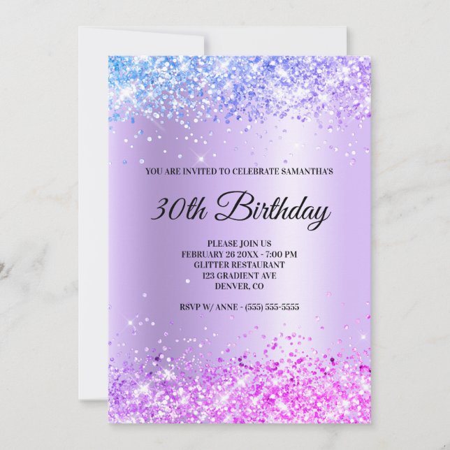 Blue Lila Pink Ombre Funkelnd Glitzer Satin Foil Einladung (Vorderseite)