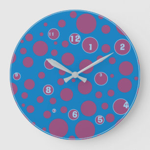 Blue Lila Polka Dots Funky Ball Numbers Quirky Große Wanduhr
