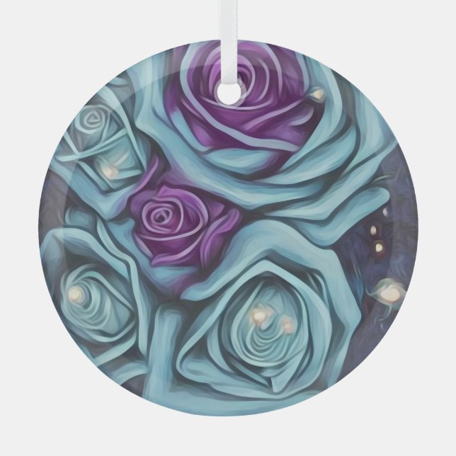 Blue & Lila Rose Bouquet Ornament Aus Glas (Vorderseite)