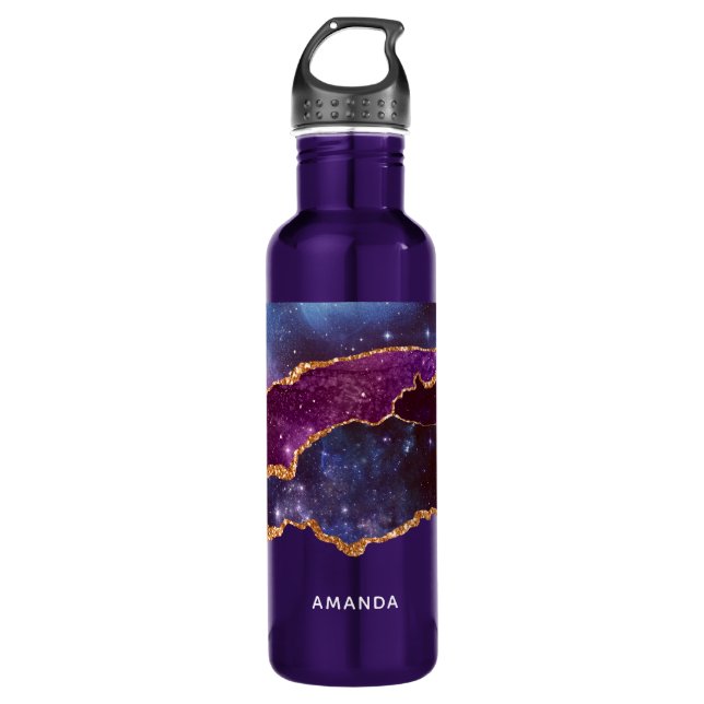 Blue & Lila Space & Stars mit Goldband Edelstahlflasche (Vorderseite)