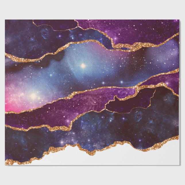 Blue & Lila Space & Stars mit Goldband Geschenkpapier (Flach)
