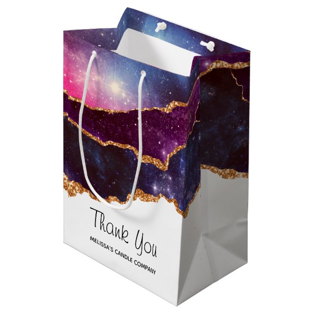 Blue & Lila Space & Stars Modern Agate Vielen Dank Mittlere Geschenktüte (Vorderseite Schrägansicht)