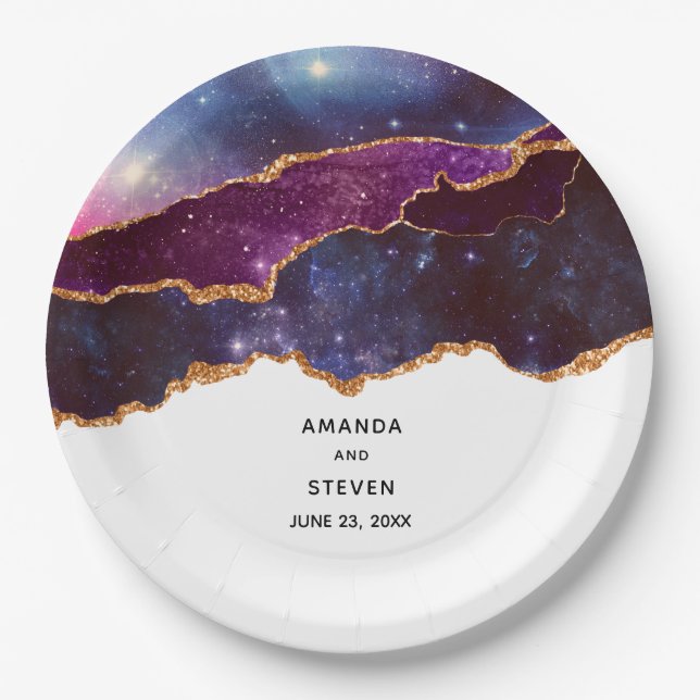 Blue & Lila Space & Stars Moderne Agate Wedding Pappteller (Vorderseite)