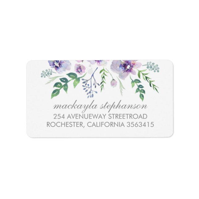 Blue Lila Watercolor Blume Hochzeit Adressaufkleber (Vorne)