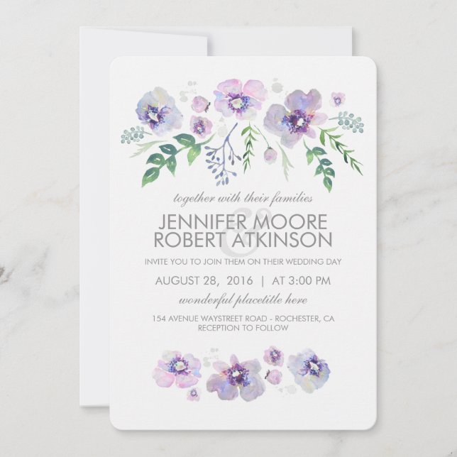 Blue Lila Watercolor Blume Hochzeit Einladung (Vorderseite)