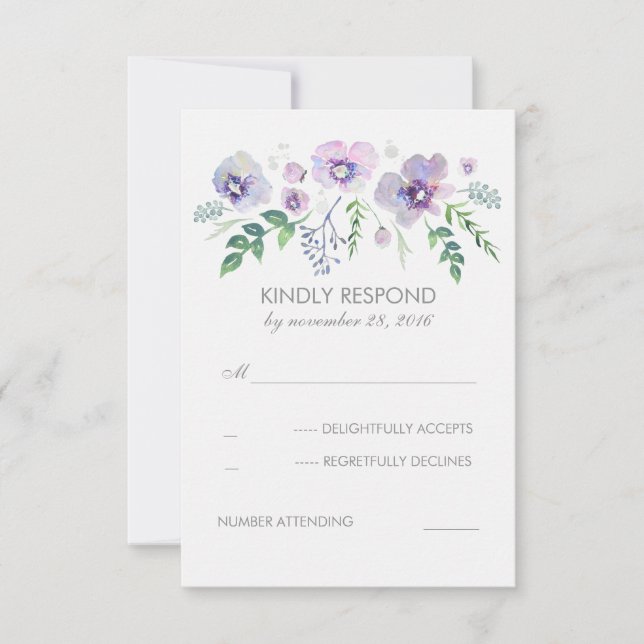 Blue Lila Watercolor Blume Hochzeitsszenario RSVP (Vorderseite)