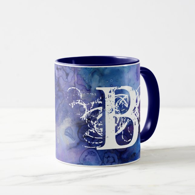 Blue Lila Watercolor Monogram Initial Modern Tasse (VorderseiteRechts)