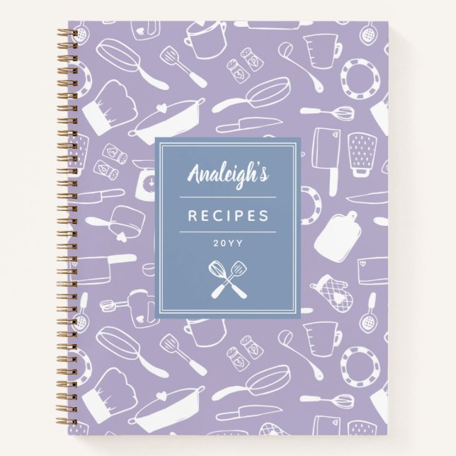 Blue Lila White Hand Drawing Kitchenware Rezepte Notizbuch (Vorderseite)