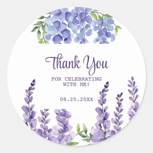 Blue Lila Wisteria Floral Greenery Vielen Dank Runder Aufkleber (Vorderseite)