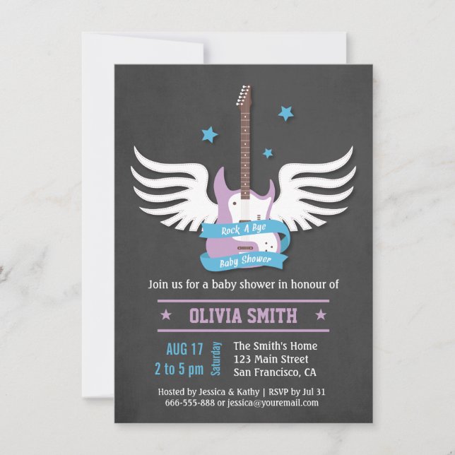 Blue Lilac Guitar Rock a Bye Baby Dusche Einladung (Vorderseite)