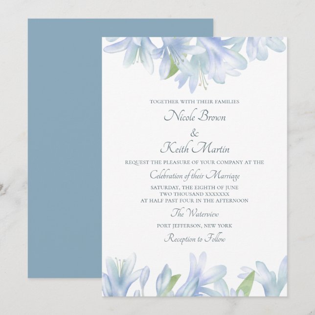 Blue Lilies Watercolor Wedding Einladung (Vorne/Hinten)