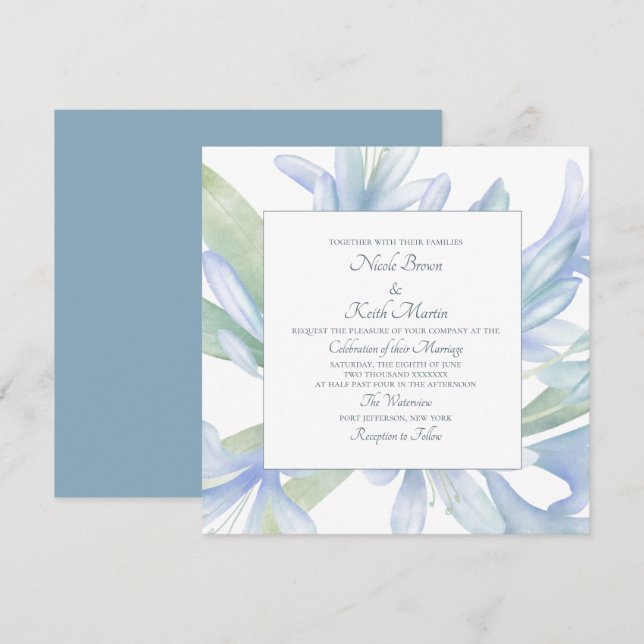 Blue Lilies Watercolor Wedding Square Einladung (Vorne/Hinten)