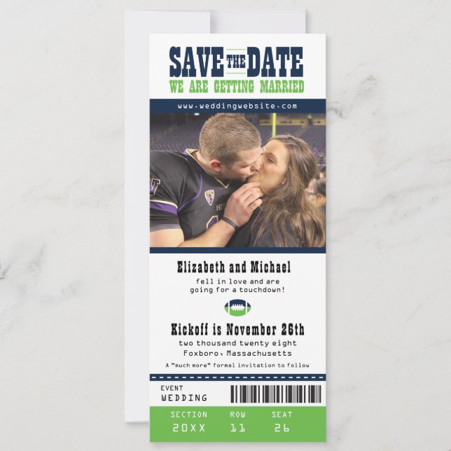 Blue Limon Wedding Save the Date Football Ticket (Vorderseite)