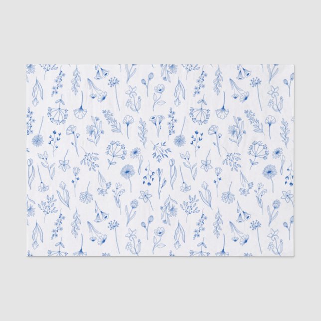Blue Line Art Mixed Garden Sketch Blume Seidenpapier (Vorderseite)