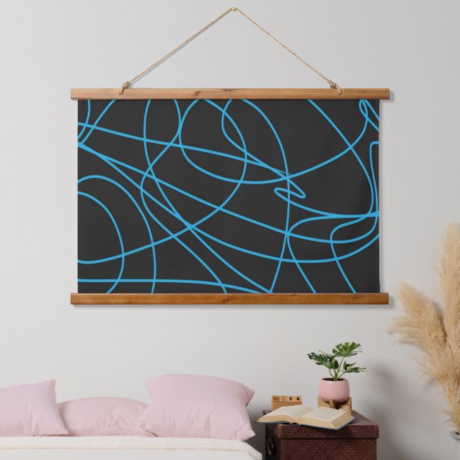 Blue Line Art on Black Wandteppich Mit Holzrahmen (Schlafzimmer)